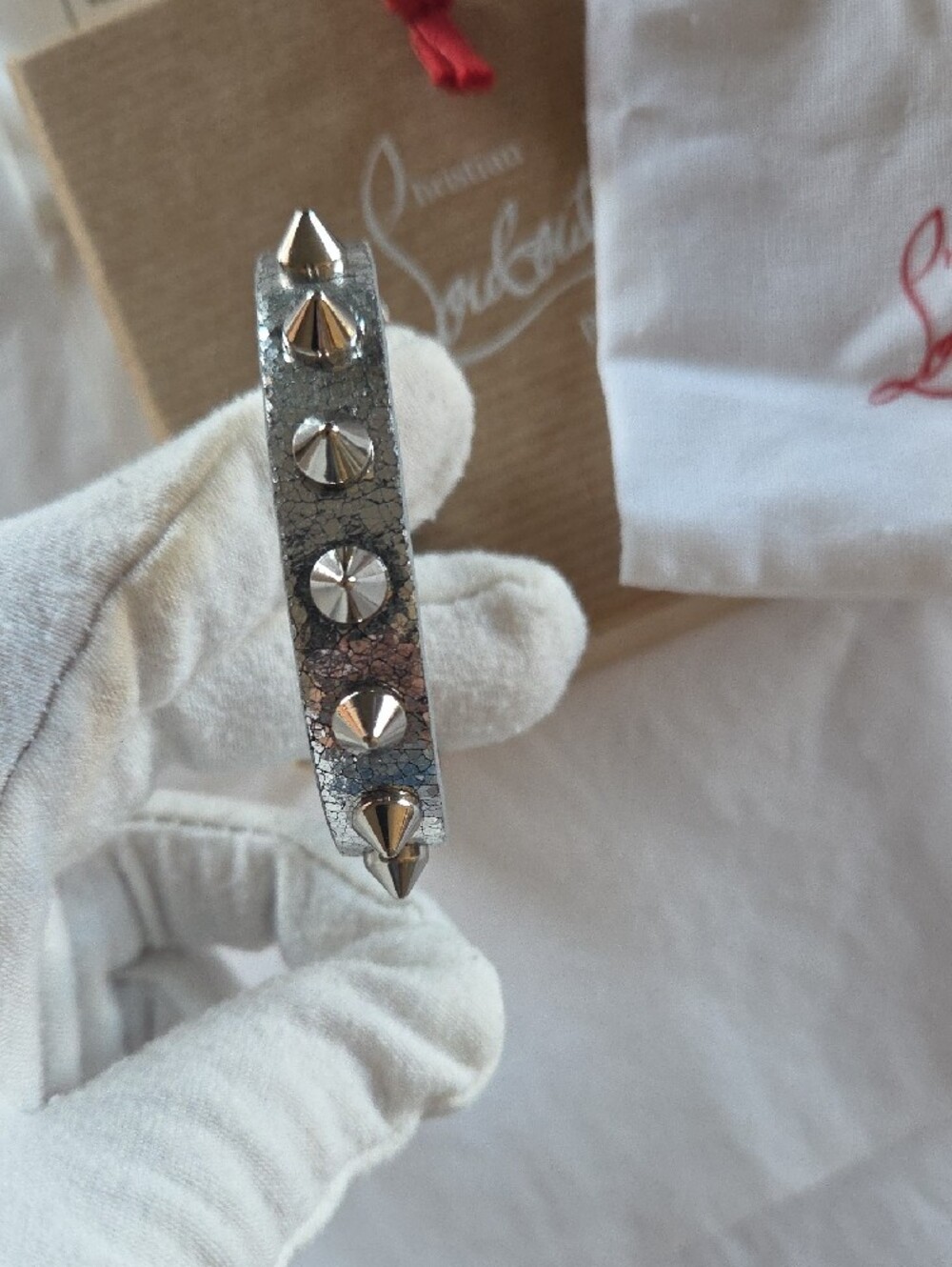 Christian Louboutin Silver Leather Spike Bracelet - Picture 7 of 14